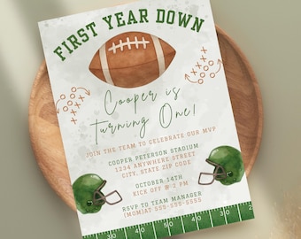 First Year Down Editable Invitation Plus Free Birthday Party Planner, Football Theme Birthday Invitation, Boys First Birthday Invitation