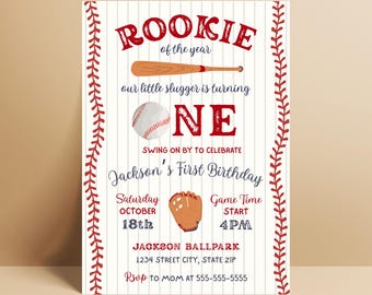 Plantilla de Canva para invitación digital a la fiesta de primer cumpleaños del Novato del Año, invitación editable para fiesta de cumpleaños de béisbol