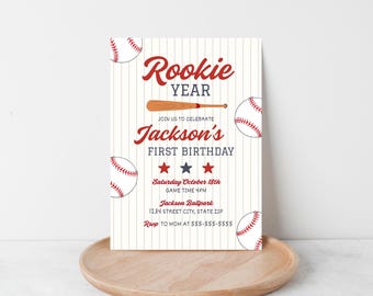 Plantilla de Canva para invitación digital de primer cumpleaños de novato, invitación editable de béisbol y rayas, RY1B