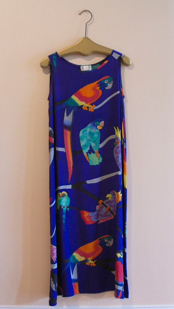 Bold Hand Painted Parrot Sheath Dress. Label SILKS