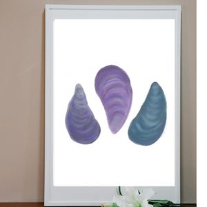 3 Mussel Shells Watercolor Print 8x10– Coastal Tidal Pool Art— Beach House Decor— Blue Purple Shells— Coastal Nautical Wall art