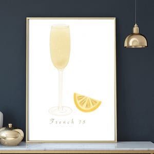Francuski 75 Akwarela Druk— 8x10 Szampan Koktajl Ścienny Sztuka, Elegancki Bar Cart Decor, Domowy Wystrój Kuchni