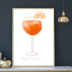 Aperol Spritz wydruk akwarelowy — 8x10 Letni koktajl ścienny, jasna kolorowa ilustracja napoju, wózek barowy i wystrój kuchni