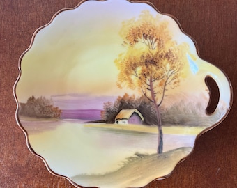 Plat ou plateau décoratif vintage en lustré Noritake avec scène de paysage