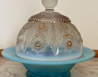 Antik Northwood blå opaliserande glassmörskål, juvelblommönster, 1904