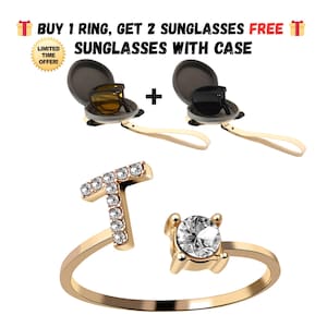 Compra 1 anillo y llévate 2 gafas de sol gratis. Anillo ajustable con letras de la A a la Z para mujer, con gafas de sol y estuche. Elegante joya con inicial de circonita.