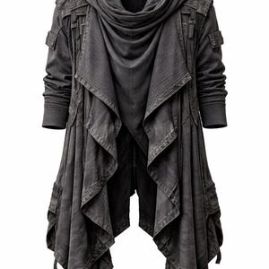 May include: A dark gray hooded jacket with a unique, layered design. The jacket features a large, draped hood, multiple pockets, and a textured appearance. The sleeves have ribbed cuffs. The overall style is edgy and modern.