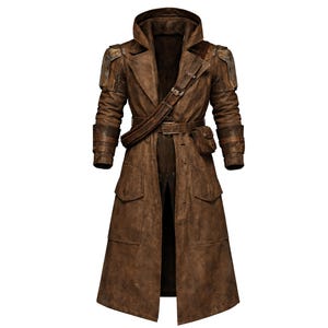 May include: A brown leather trench coat with a hood, shoulder pads, and a belt. The coat has multiple pockets and a long, flowing design. The coat is made of a distressed leather material.