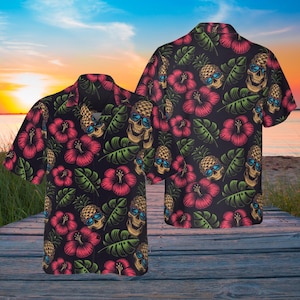 Pineapple Skull Hawaiian Shirt, Tropical Floral Black Aloha Button Down, Summer Beach Shirt, Gothic Fruit Print, Casual Vacation Outfit