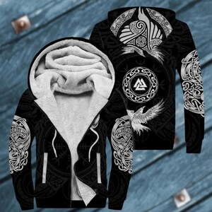 Viking Raven Fleece Zip Hoodie, All Over Print Hooded Jacket for Men & Women, Norse Mythology Inspired Nordic Winter Sweatshirt