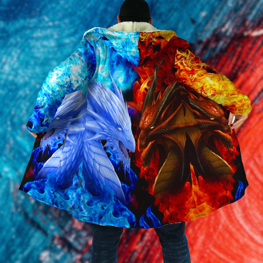 Fire and Ice Dragon Hooded Cloak Coat, Red Blue Elemental Jacket, Men's ...