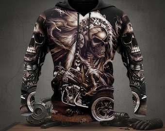 Skull Motorcycle Hoodie, Cool Biker Skull Sweatshirt for Men and Women,Unisex Motorcycle Graphic Hoodie, Unique Gothic Biker Streetwear Gift