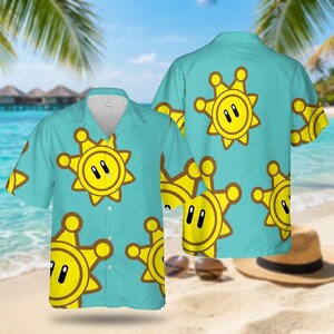 Retro Sun Hawaiian Shirt, Blue Beach Party Aloha Shirt, Summer Vacation Outfit for Men Women, Angry Sun Pattern Top, Tropical Birthday Gift
