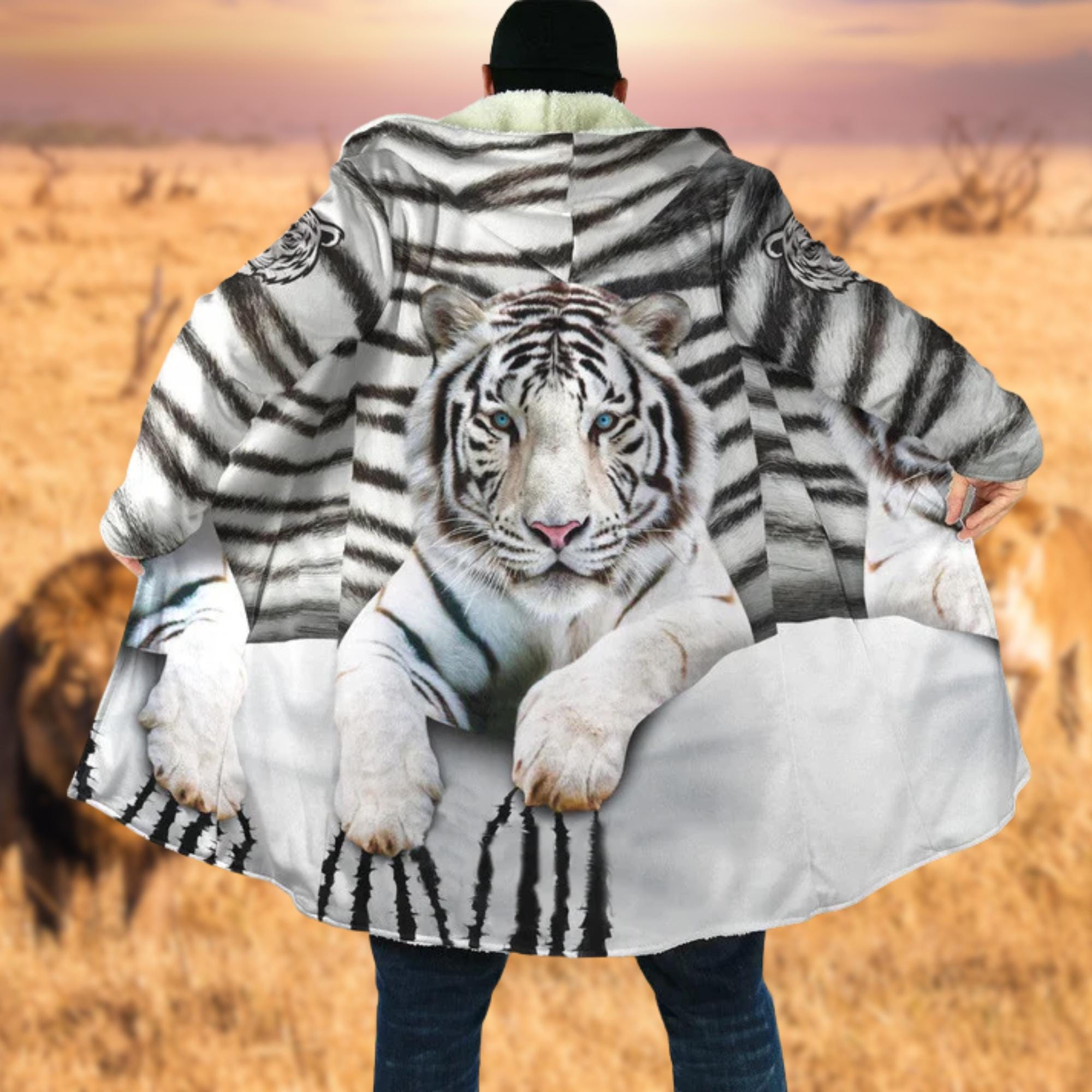 Tiger Hooded Cloak Coat, 3D Animal Print Fleece Cape, Unisex Warm