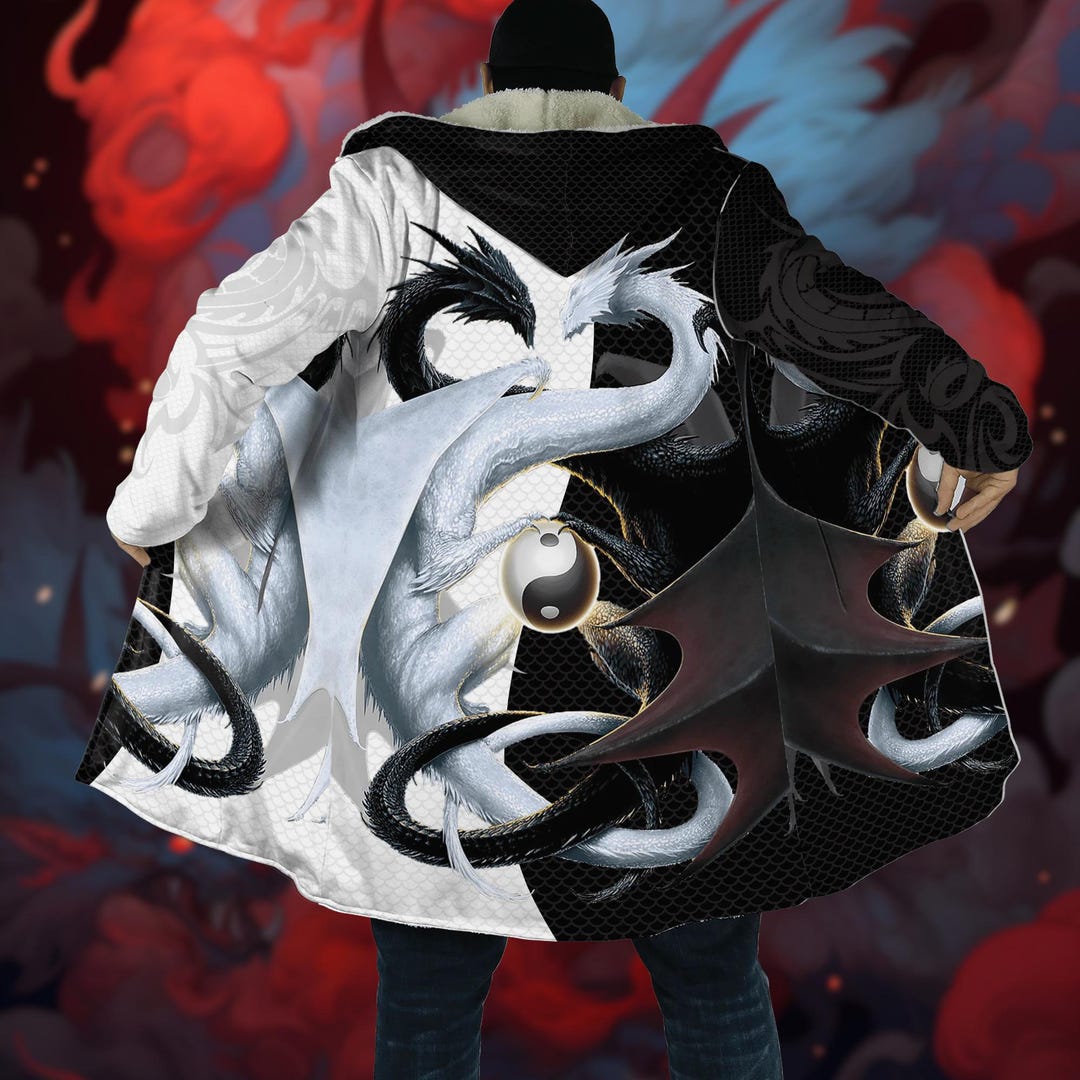 Yin Yang Robe Yin Yang Double Dragon Hooded Cloak Coat, Black White Fantasy Jacket ...