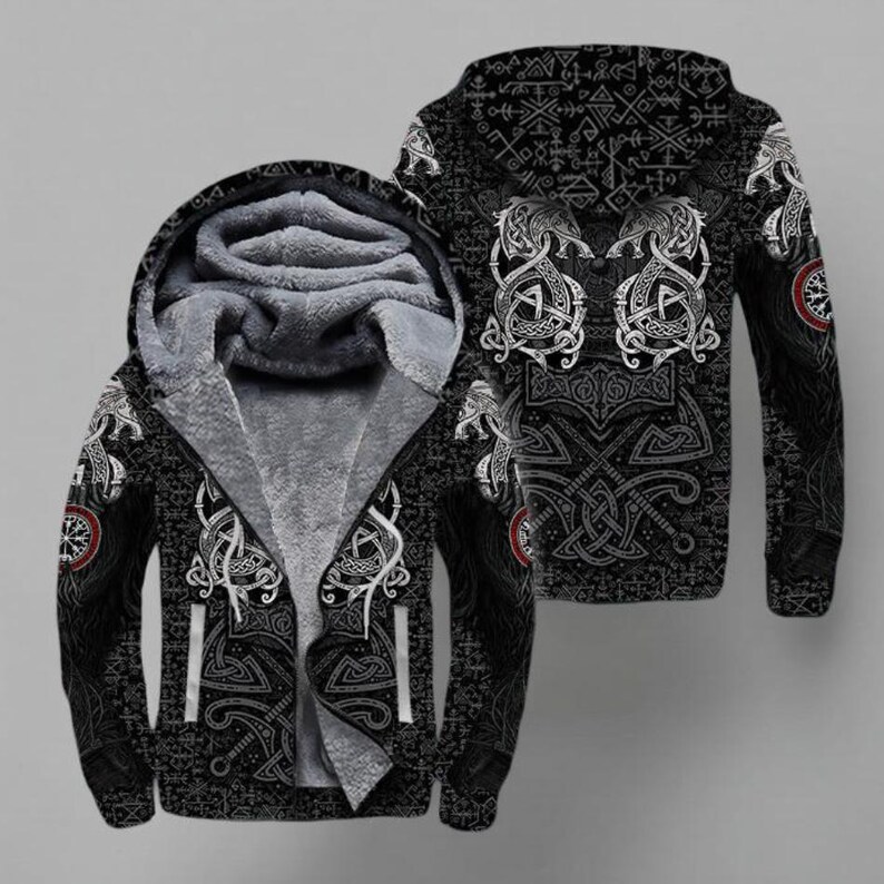 Nordic Herren Plüsch Pullover Zip Hoodie, Wikinger Drucken Vegvisir Rune Tattoo Totem Winter Warme Kleidung Streetwear Sweatshirt Kapuzenjacke Nordic Herren Plüsch Pullover Zip Hoodie, Wikinger Drucken Vegvisir Rune Tattoo Totem Winter Warme Kleidung Streetwear Sweatshirt Kapuzenjacke