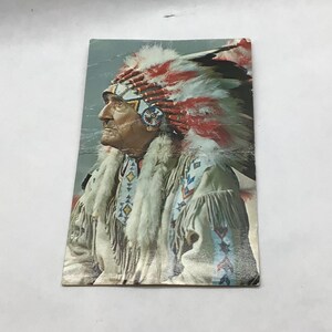 May include: A vintage postcard featuring a portrait of a Native American man in profile. He wears a feathered headdress with red and white accents, a beaded headband, and a decorated buckskin shirt with fur trim.