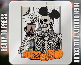 Retro Mickey Skeleton Coffee DTF, Disney Skeleton Ready To Press, Skeleton Mickey Ears Dtf, Disney Pumpkin,Halloween Trip Dtf Gift for Shirt