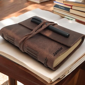 Personalized A5 Leather Bound-Lined Engrave Journal Notebook – Handmade Rustic Travel Writing Diary with Strap