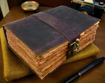 Gepersonaliseerde groot leren dagboek – handgemaakte pagina vintage rustiek schrijfdagboek