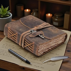 May include: A vintage-style leather journal with a key closure. The brown leather cover has a distressed look, with stitched accents and a strap closure. A silver pen and a feather quill rest on a paper next to the journal.