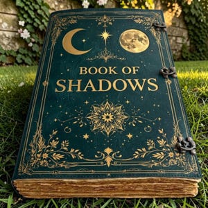 以下が含まれることがあります： 金色の文字で「BOOK OF SHADOWS」と記された深緑色のハードカバー本。表紙には、三日月、星、満月などの金箔の天体デザインが施されており、華やかな花の模様と3つの金属製サイドクラスプが付いています。