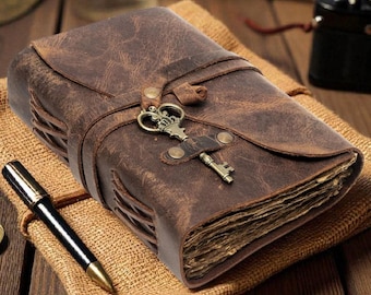 Vintage Leather Journal with Antique Key | Handmade Deckle Edge Paper