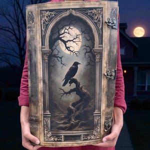 May include: A large, ornate book with a raven perched on a branch, set against a full moon and a dark, gothic landscape. The book has decorative metal clasps and a detailed, aged appearance, evoking a sense of mystery and fantasy.