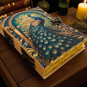 Diario in pelle di pavone / Diario fatto a mano inciso, album da disegno