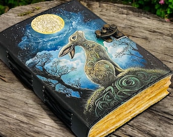 Moon Gazing Hare Leather Journal -Pagan Grimoire Notebook - Celestial Spell Book of shadows |-Handmade 200–400 Pages -Halloween Gifts