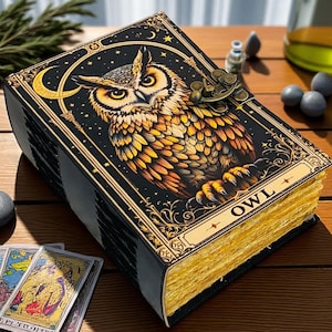 Op de afbeelding: Een decoratief notitieboek met een uil-illustratie op de kaft. De kaft is zwart met gouden accenten en het woord "OWL". De pagina's hebben een gouden rand. Een metalen sluiting beveiligt het notitieboek. Tarotkaarten zijn zichtbaar.