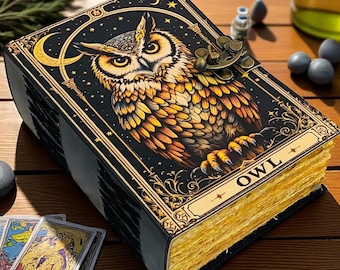 400 Page Owl Grimoire Journal – Blank Book of Shadows | Leather Spell Book of Wisdom | Handmade Witchy Sketchbook Moon Magic Tarot Notebook