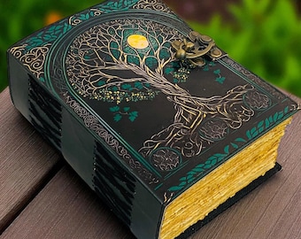 400 Page Tree of Life Grimoire – Leather Book of Shadows with Moon Phases | Handmade Witchcraft Spell Book | Celestial Journal for Gifts