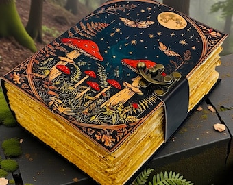 Vintage Mushroom Leather Journal Grimoire: Handmade Book of Shadows, Deckle Edge Paper