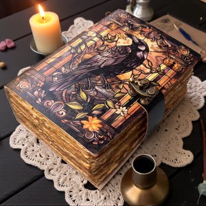 Puede incluir: Un diario decorativo con una ilustración de cuervo en la portada, con un diseño de estilo vidriera. El diario tiene un cierre de broche y páginas de aspecto envejecido. Una vela encendida, una calavera y otros objetos de temática gótica están cerca.