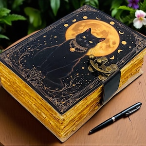 400 Page Grimoire Black Cat | Full Moon Leather Spell Book | Handmade Gothic Journal | Book of Shadows for Witches Halloween gifts