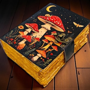 Può includere: Un diario decorativo con una copertina nera con un design a funghi stravagante con cappelli rossi e punti bianchi. Il diario ha una chiusura con cinturino in pelle e pagine dorate invecchiate. Una luna crescente e stelle sono anche sulla copertina.