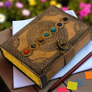 Personalized Seven Stone Leather Journal – Handmade Chakra Notebook with Antique Deckle Edge Paper, Book of Shadows, Gift for Men & Women