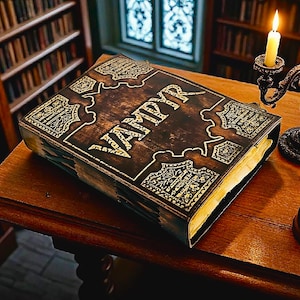 Puede incluir: Un libro antiguo con la palabra "VAMPYR" grabada en la portada. La cubierta es marr&oacute;n oscuro con detalles dorados. Un candelabro con velas encendidas y un peque&ntilde;o recipiente negro est&aacute;n cerca.
