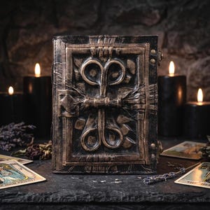 May include: A rectangular book with a dark, weathered cover featuring a raised, bronze-toned metallic frame and a central symmetrical scrollwork design. The cover has a textured, aged appearance with visible rivets along the side edge.
