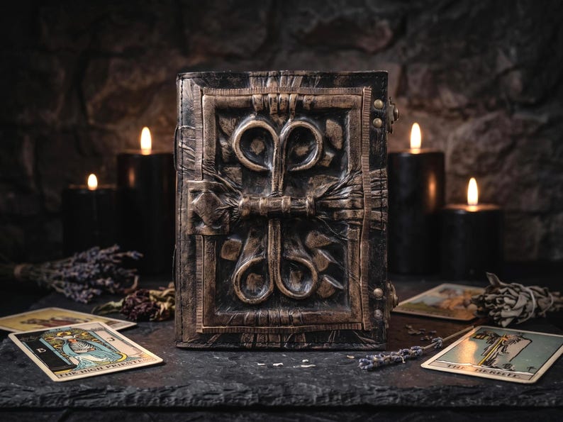 May include: A rectangular book with a dark, weathered cover featuring a raised, bronze-toned metallic frame and a central symmetrical scrollwork design. The cover has a textured, aged appearance with visible rivets along the side edge.