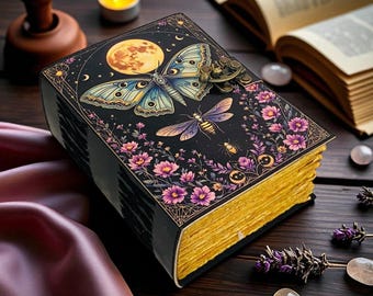 Floral Moon Moth Leather Journal – Handmade Celestial Grimoire