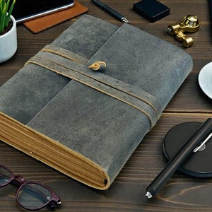 Personalized A5 Leather Bound-Lined Engrave Journal Notebook – Handmade Rustic Travel Writing Diary with Strap Gray