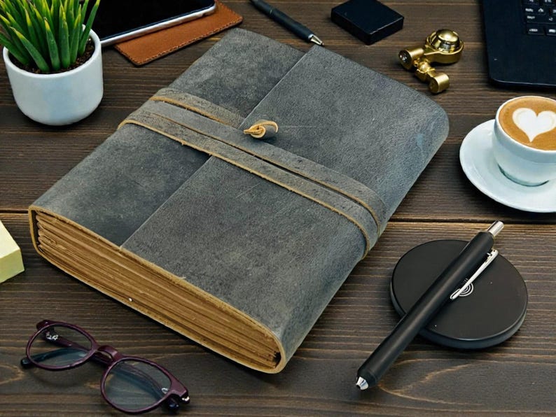 Personalized A5 Leather Bound-Lined Engrave Journal Notebook – Handmade Rustic Travel Writing Diary with Strap Gray