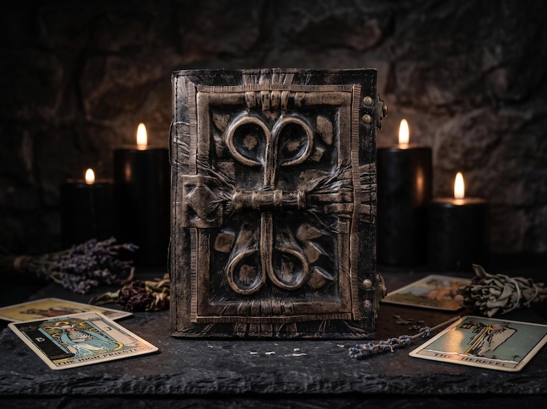 May include: A rectangular book with a dark, weathered cover featuring a raised, bronze-toned metallic emblem with symmetrical swirling patterns. The cover has a textured, aged appearance with visible rivets along the side, presenting a sturdy, bound structure.