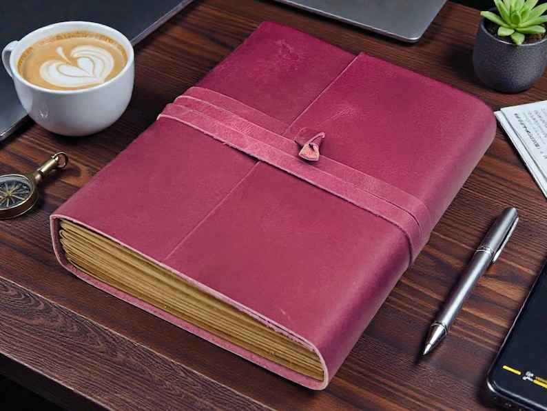 Personalized A5 Leather Bound-Lined Engrave Journal Notebook – Handmade Rustic Travel Writing Diary with Strap Purple