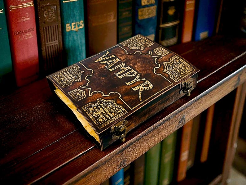 Puede incluir: Una caja de madera oscura con la palabra "VAMPYR" en letras doradas, colocada sobre una estanter&iacute;a de madera. La caja presenta dise&ntilde;os dorados y un cierre. Libros de varios colores en el fondo sugieren un tema literario.