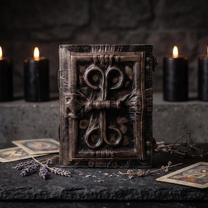 May include: A rectangular book with a dark brown, textured cover featuring a raised, symmetrical, scroll-like design in the center. The book is positioned upright, flanked by dried lavender sprigs and two illustrated cards on a dark, flat surface.