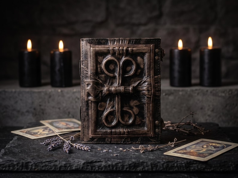 May include: A rectangular book with a dark brown, textured cover featuring a raised, symmetrical, scroll-like design in the center. The book is positioned upright, flanked by dried lavender sprigs and two illustrated cards on a dark, flat surface.
