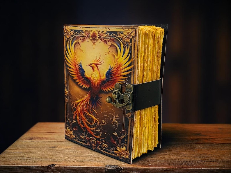 May include: A leather-bound journal with a phoenix illustration on the cover. The cover features a detailed image of a colorful phoenix with outstretched wings. The journal has a clasp closure and a black leather strap. The pages are yellowed.